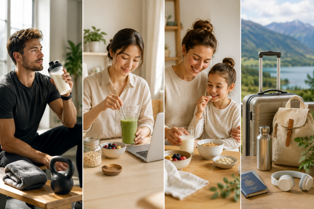 Healthy lifestyle examples showing active adults, busy professionals, families and travelers choosing supplement routines