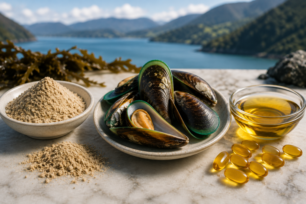 Why New Zealand Green Lipped Mussel Is Different 10 Green lipped mussels with mussel powder, marine oil and softgel supplement forms