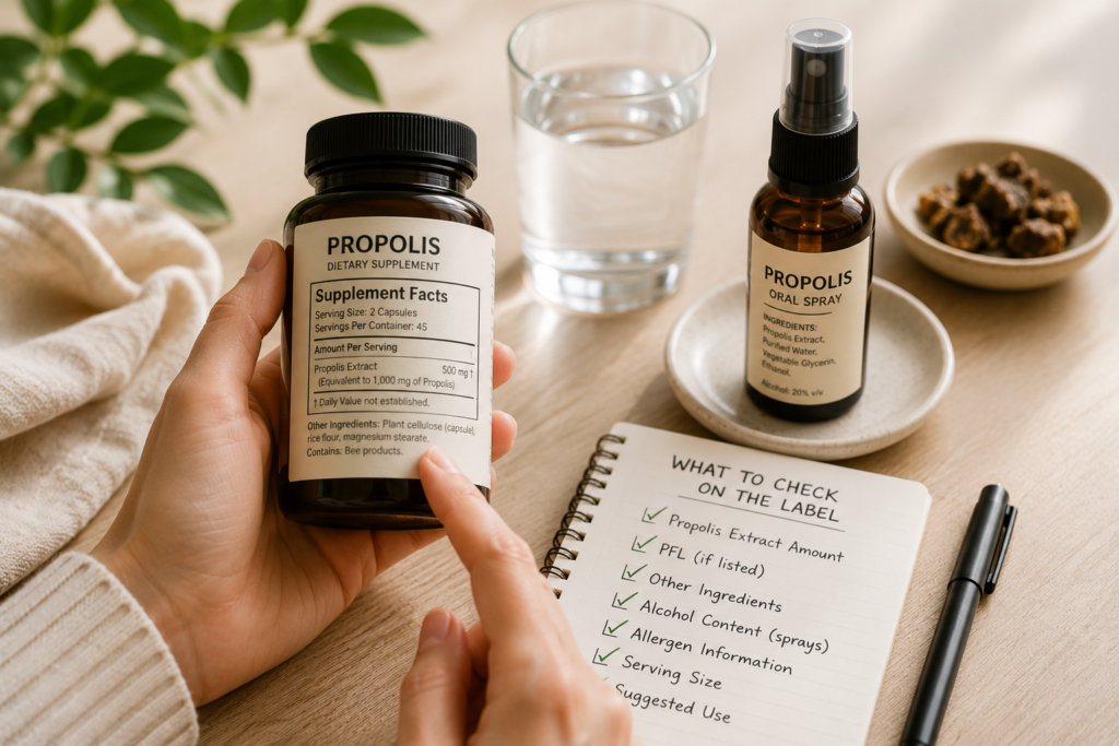 Propolis Capsules vs Propolis Oral Spray: Which Should You Choose? 10 Reading a propolis supplement label to compare ingredients, serving size and product information