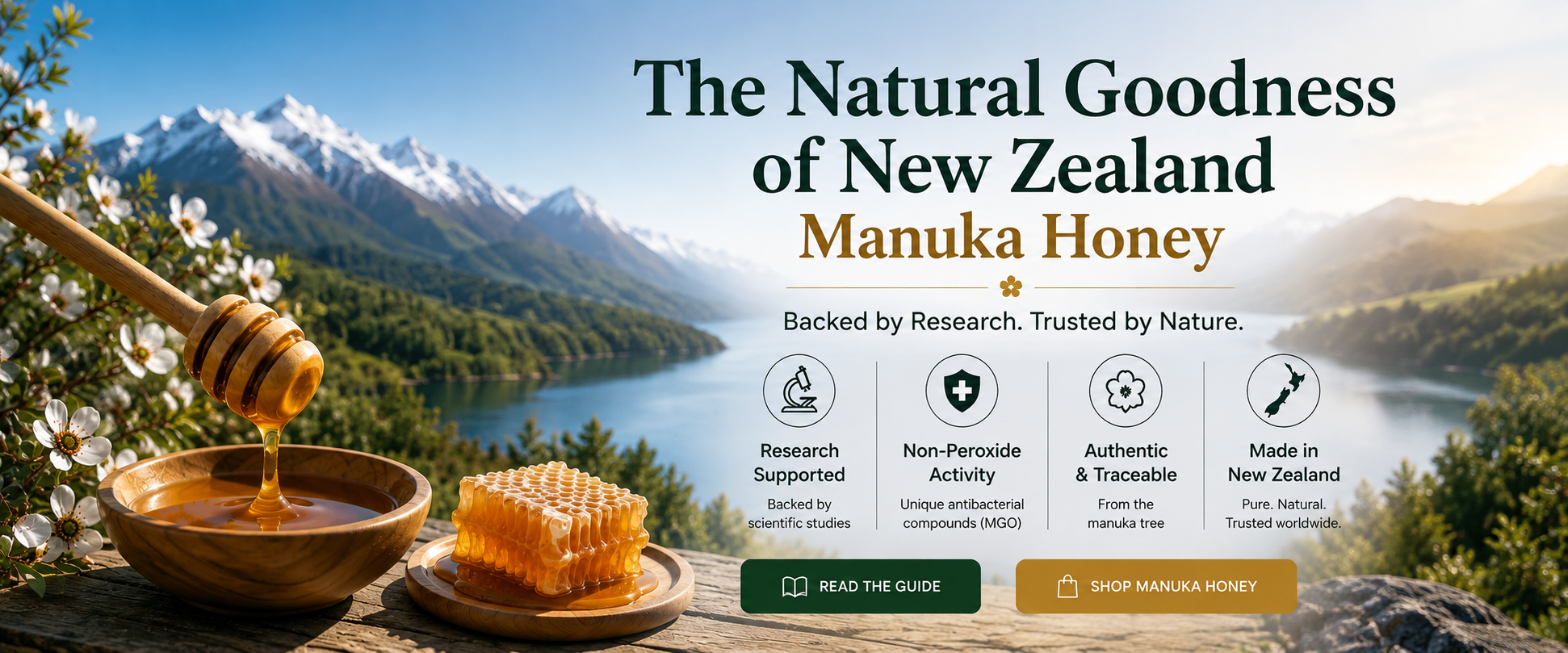 Home 1 Scenic New Zealand landscape illustrating the differences between Manuka honey and regular honey, introducing an evidence-based guide to UMF and MGO ratings.