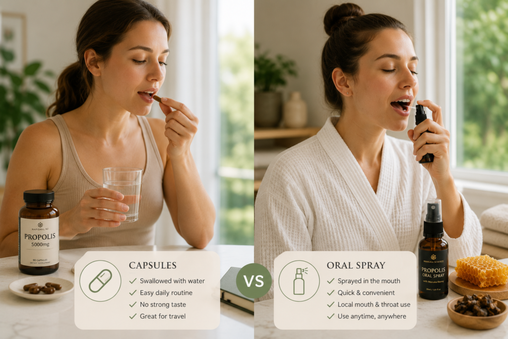 Propolis Capsules vs Propolis Oral Spray: Which Should You Choose? 9 Person using propolis capsules and oral spray as part of a daily wellness routine