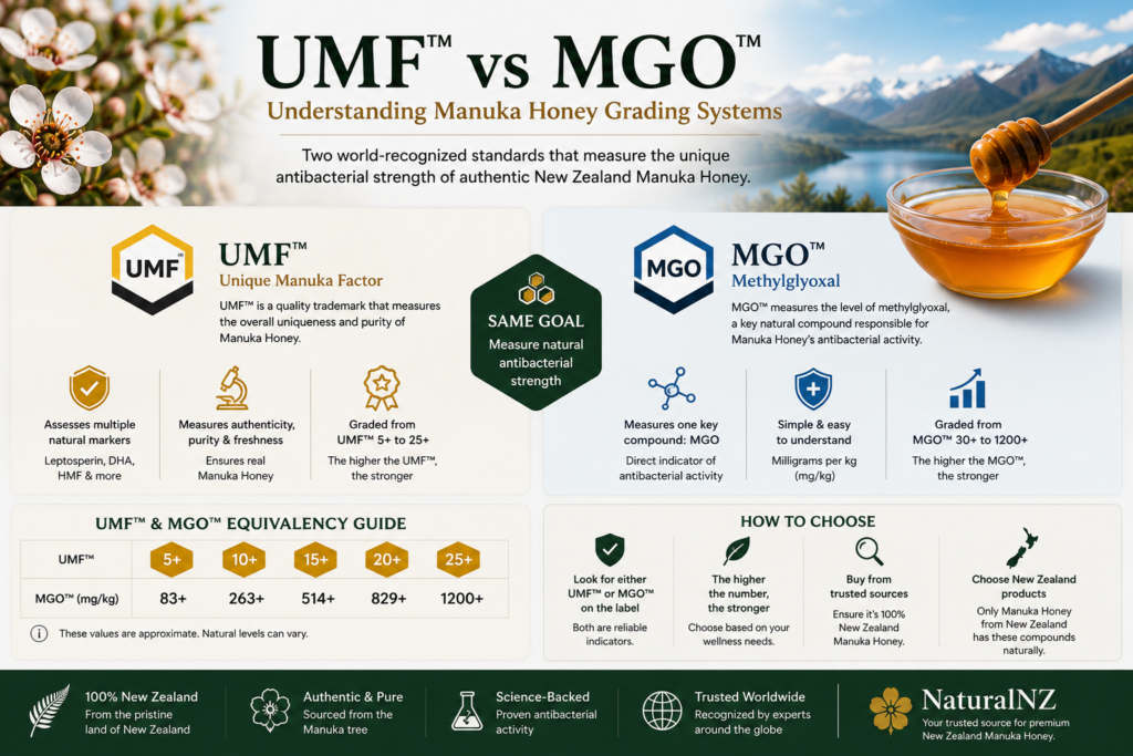 Manuka Honey Benefits: What the Research Actually Shows 5 Educational infographic comparing UMF and MGO grading systems for authentic New Zealand Manuka honey, explaining quality ratings, antibacterial activity, and how to choose the right strength.