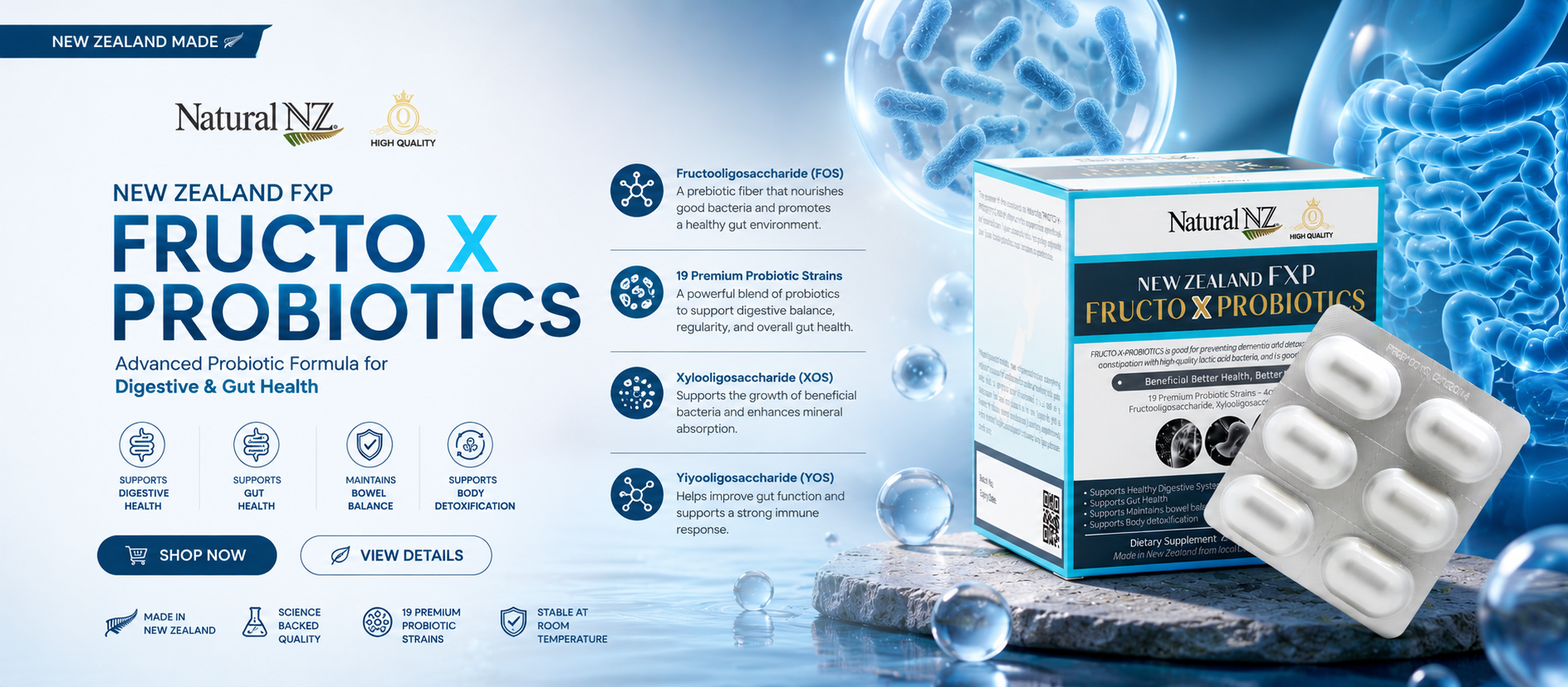 Natural NZ Fructo X Probiotics supplement for digestive and gut health made in New Zealand