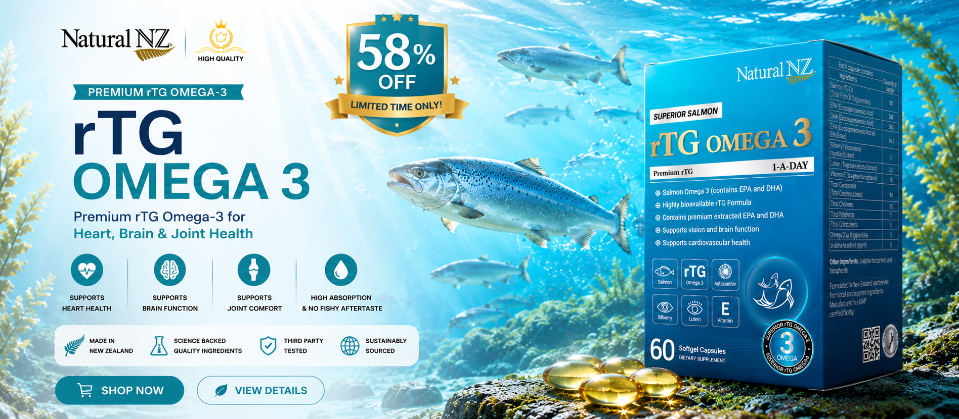 Natural NZ Premium rTG Omega 3 supplement banner with salmon ocean background and 58 percent off promotion
