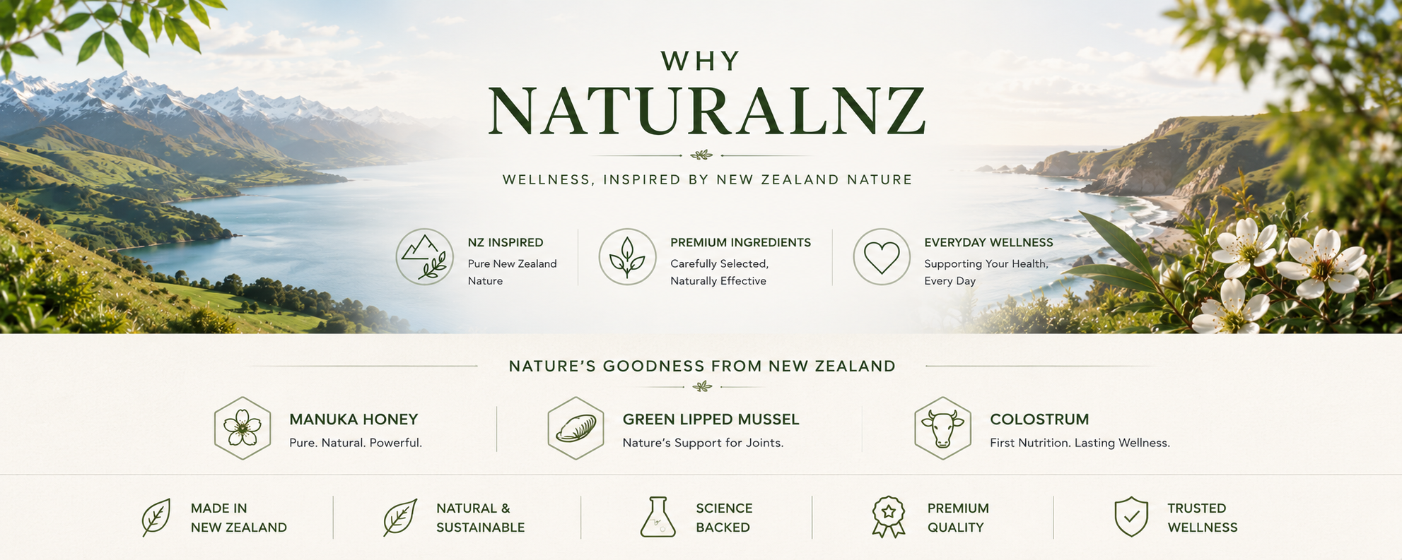 Home 33 NaturalNZ wellness banner inspired by New Zealand nature featuring Manuka Honey Green Lipped Mussel and Colostrum