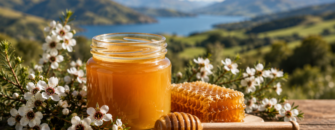 New Zealand Manuka honey with Manuka flowers, honeycomb and honey dipper