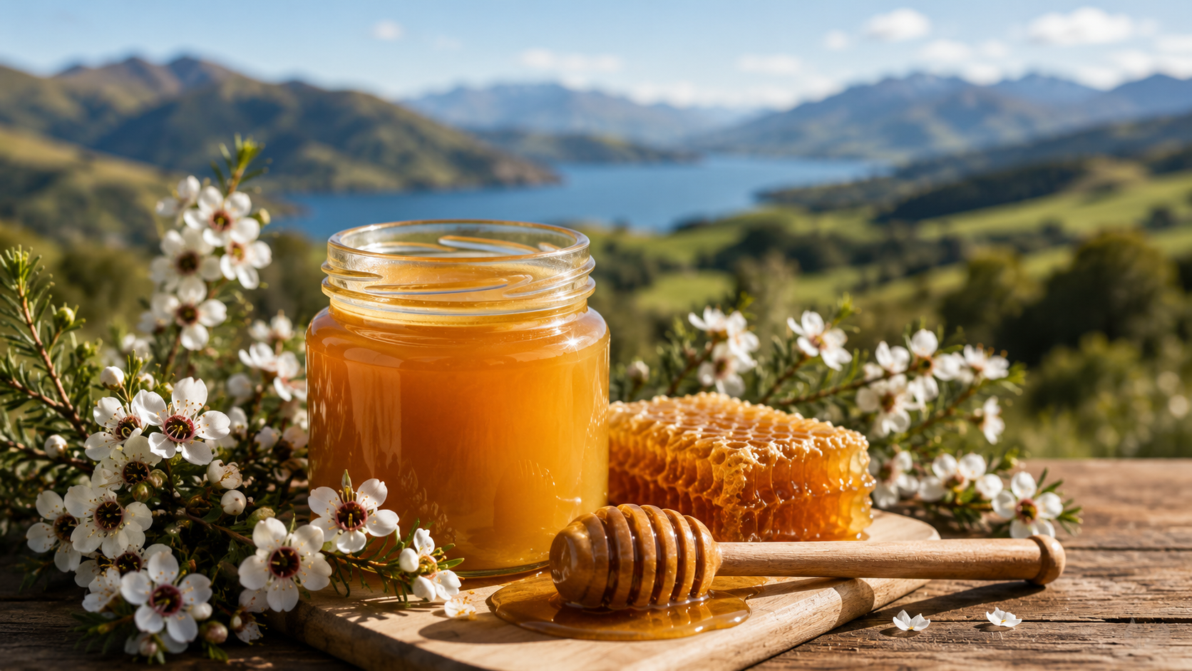 New Zealand Manuka honey with Manuka flowers, honeycomb and honey dipper