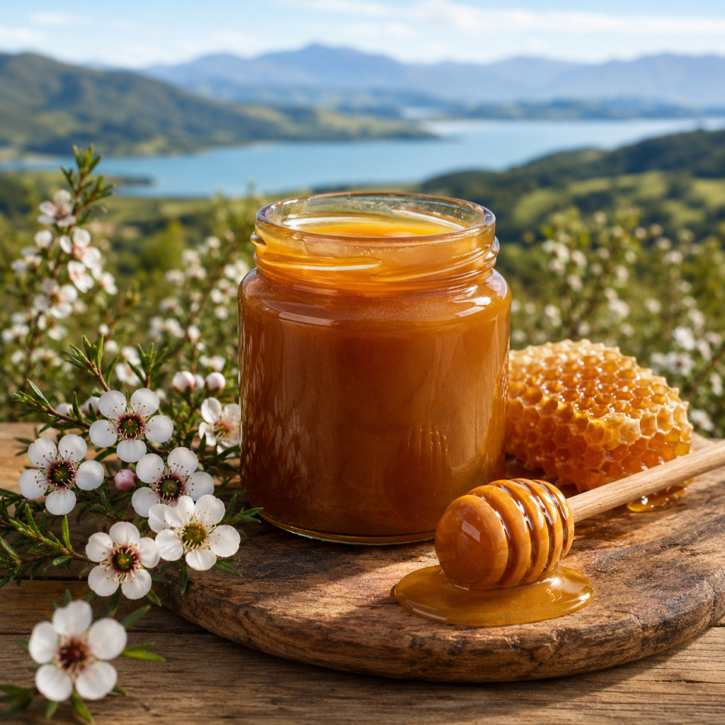 Premium New Zealand Manuka honey in a glass jar with Manuka flowers, honeycomb and a wooden honey dipper.