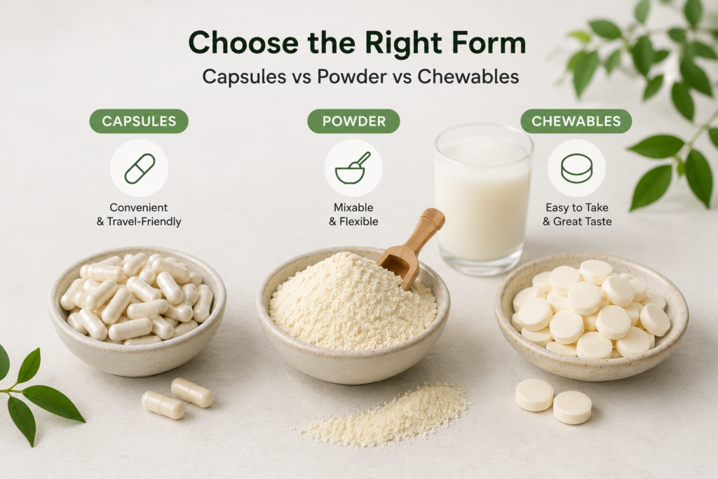 Comparison of colostrum supplement forms including capsules, powder and chewable tablets
