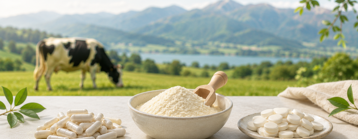 Colostrum supplement comparison featuring capsules, powder and chewable tablets in a natural New Zealand farm setting