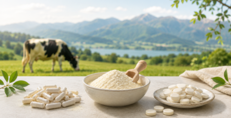 Colostrum supplement comparison featuring capsules, powder and chewable tablets in a natural New Zealand farm setting
