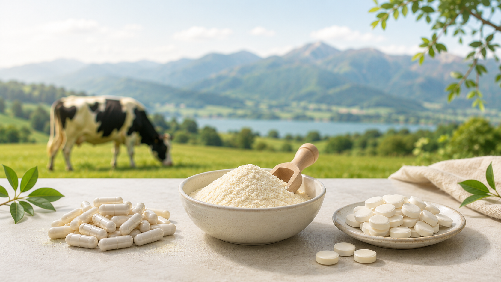 Colostrum supplement comparison featuring capsules, powder and chewable tablets in a natural New Zealand farm setting