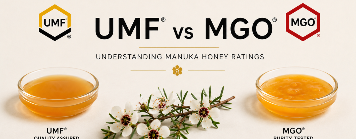 UMF and MGO Manuka honey rating systems compared with Manuka flowers and honey