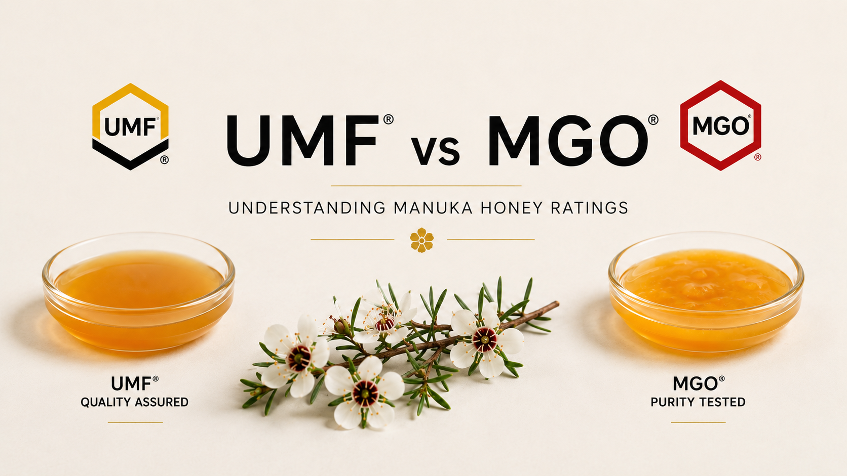 UMF and MGO Manuka honey rating systems compared with Manuka flowers and honey