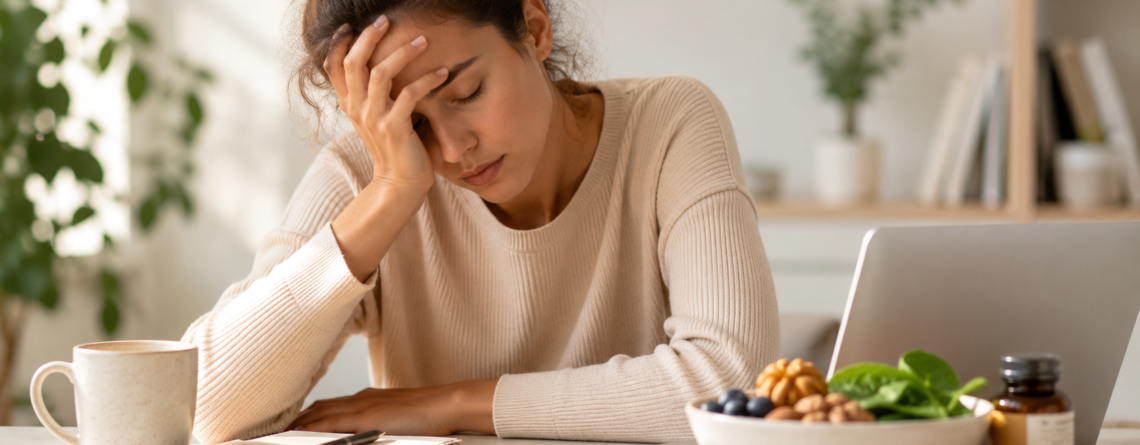 Tired woman experiencing fatigue while working at home with healthy foods and supplements nearby