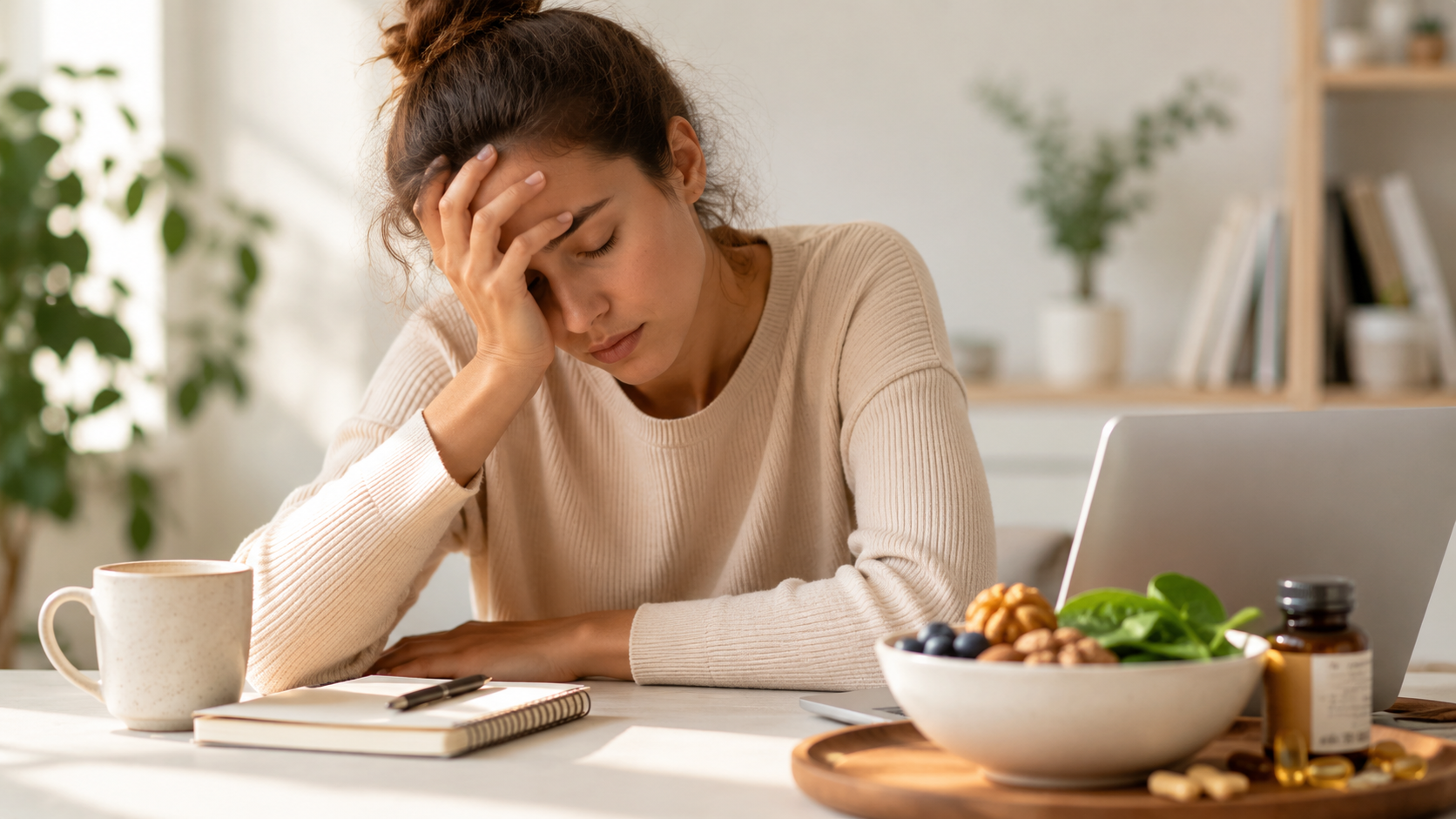 Tired woman experiencing fatigue while working at home with healthy foods and supplements nearby