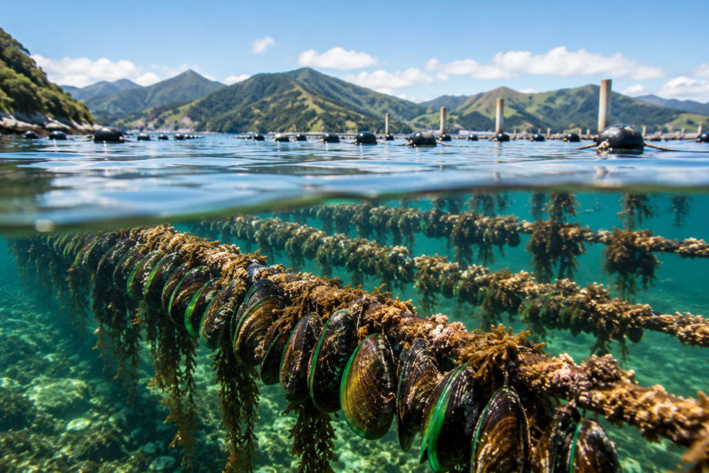 Why New Zealand Green Lipped Mussel Is Different 9 Green lipped mussels growing on aquaculture lines in clear New Zealand coastal waters