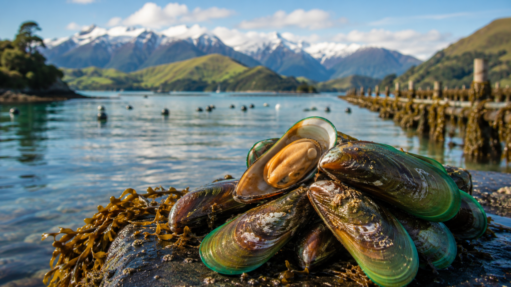 Green lipped mussels by New Zealand coastal waters representing the native marine origin of Perna canaliculus