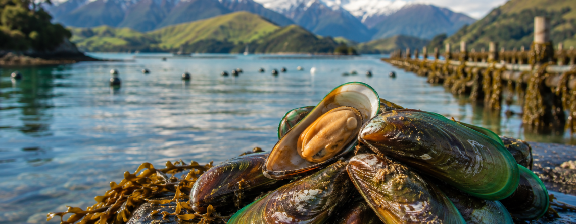 Green lipped mussels by New Zealand coastal waters representing the native marine origin of Perna canaliculus
