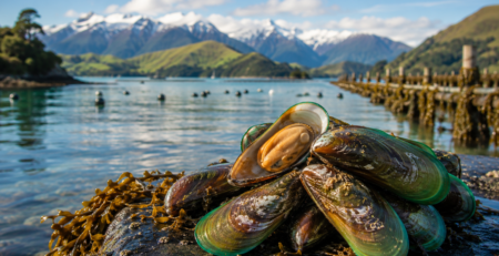 Green lipped mussels by New Zealand coastal waters representing the native marine origin of Perna canaliculus
